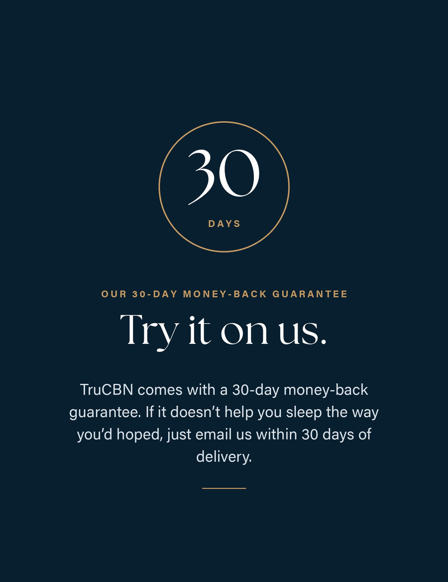 TruCBN comes with a 30-day money-back guarantee. If it doesn’t help you sleep the way you’d hoped, just email us within 30 days of delivery.