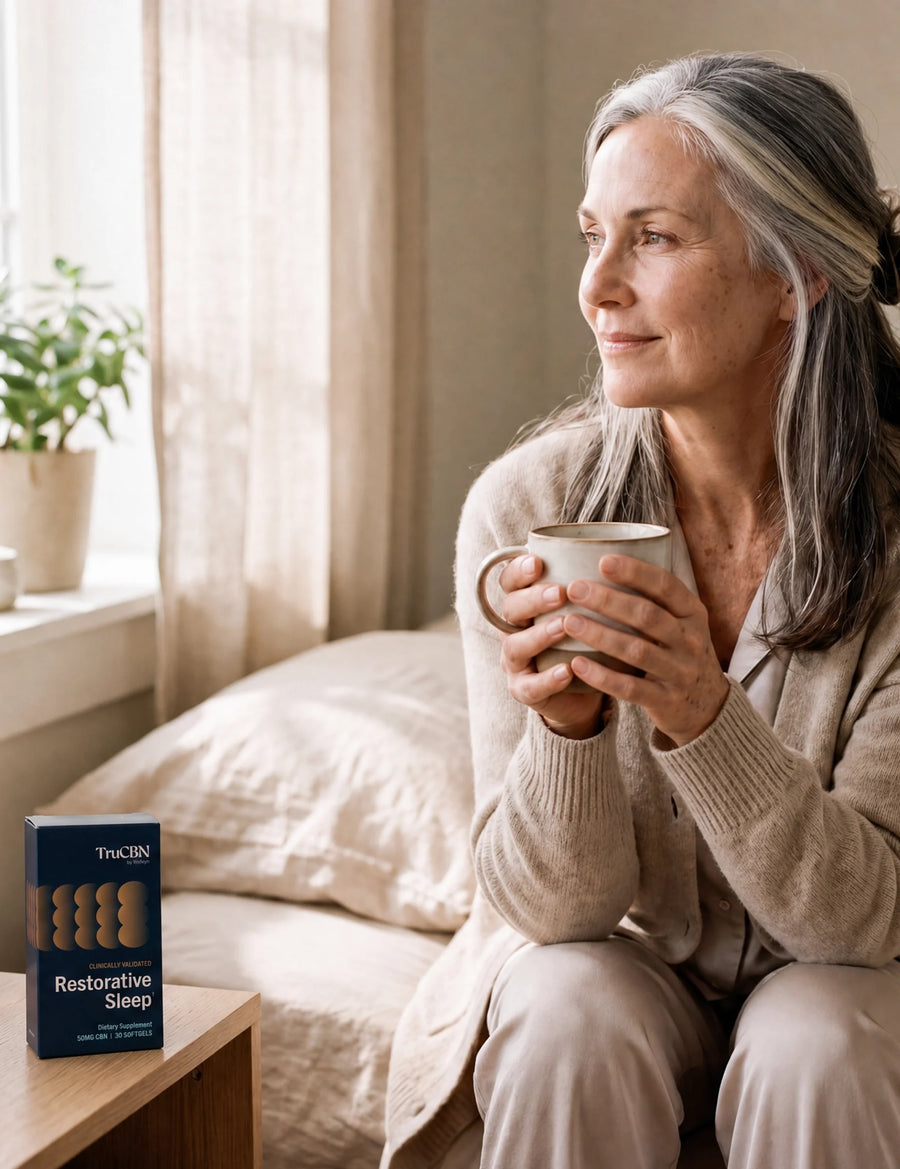 A woman with a mug of tea on her bed by a sunny window, TruCBN box on the nightstand