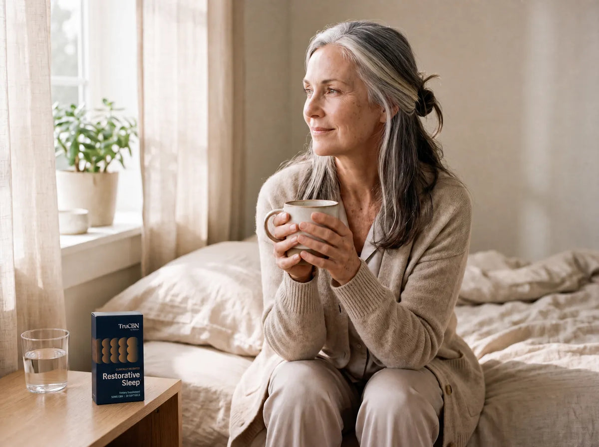 A woman in her 60s sitting on her bed in morning light with a mug, TruCBN box on the nightstand